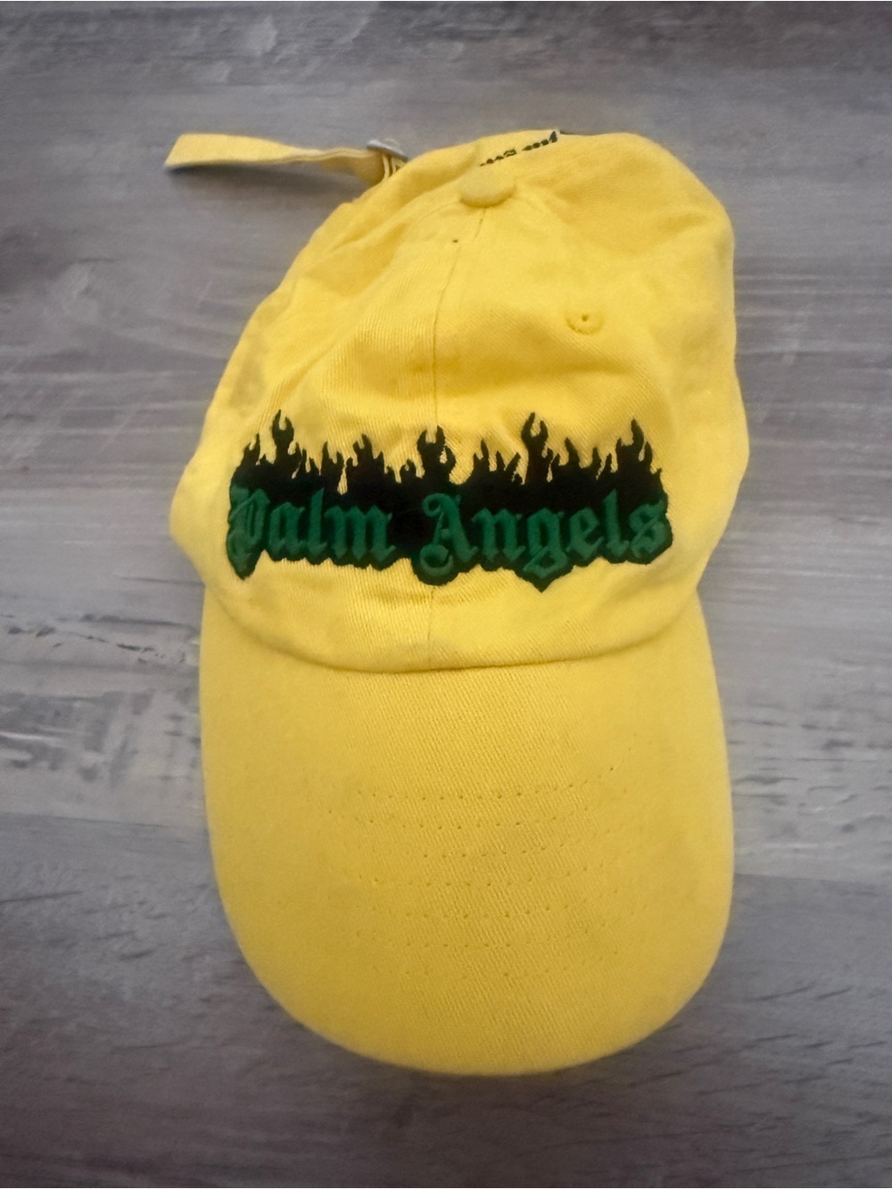 Palm Angels Yellow Cap with Black Flame and Green Logo